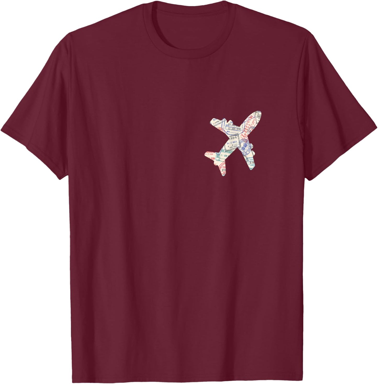 Airplane Shaped Passport Travel Stamps T-Shirt - T-Shirt | Maroon