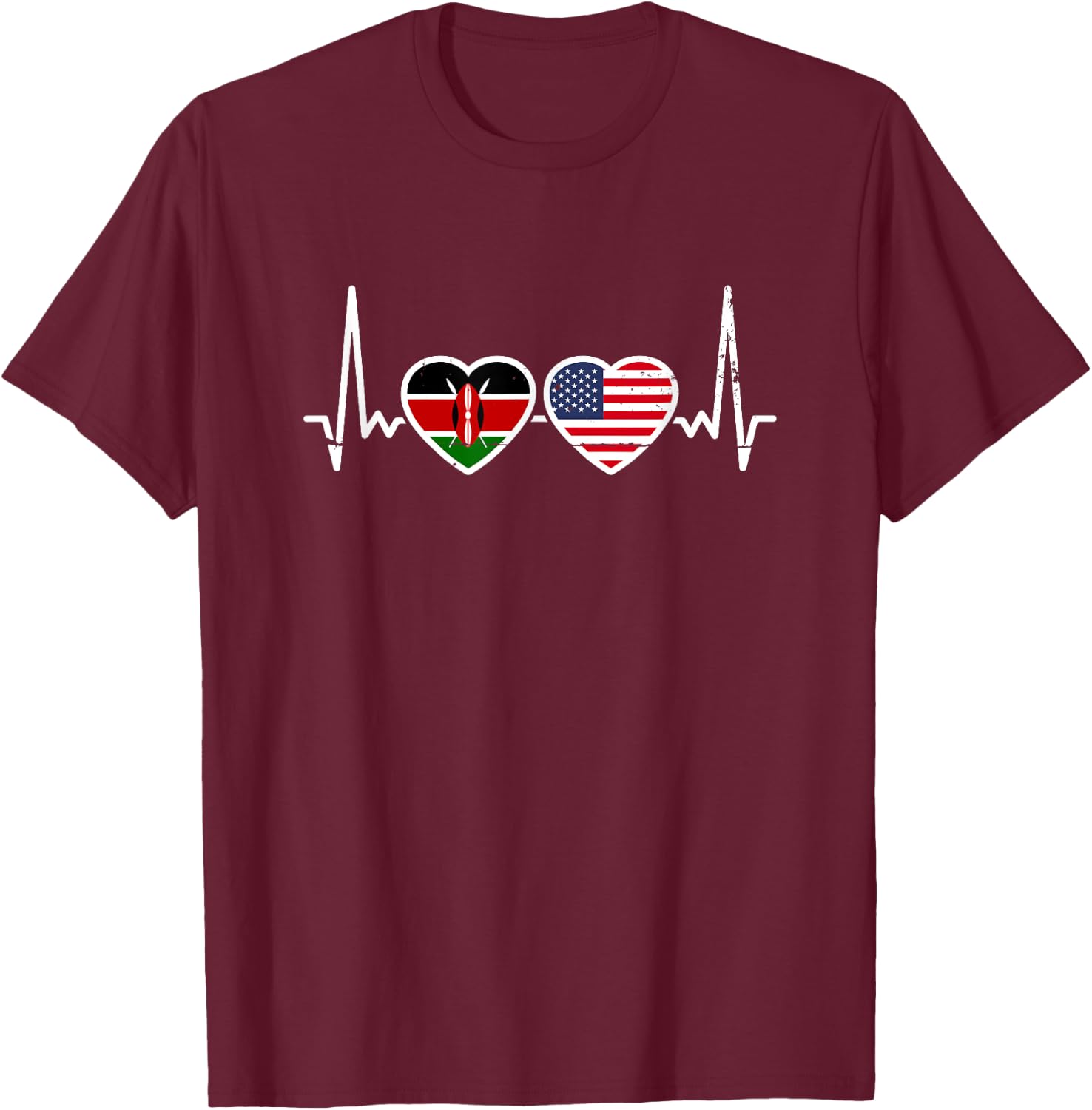 Kenya USA Vintage Heartbeat Flag American Kenyan T-Shirt - T-Shirt | Maroon