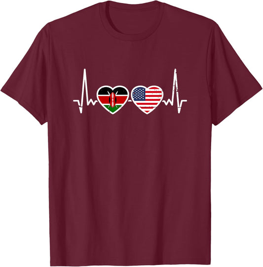 Kenya USA Vintage Heartbeat Flag American Kenyan T-Shirt - T-Shirt | Maroon