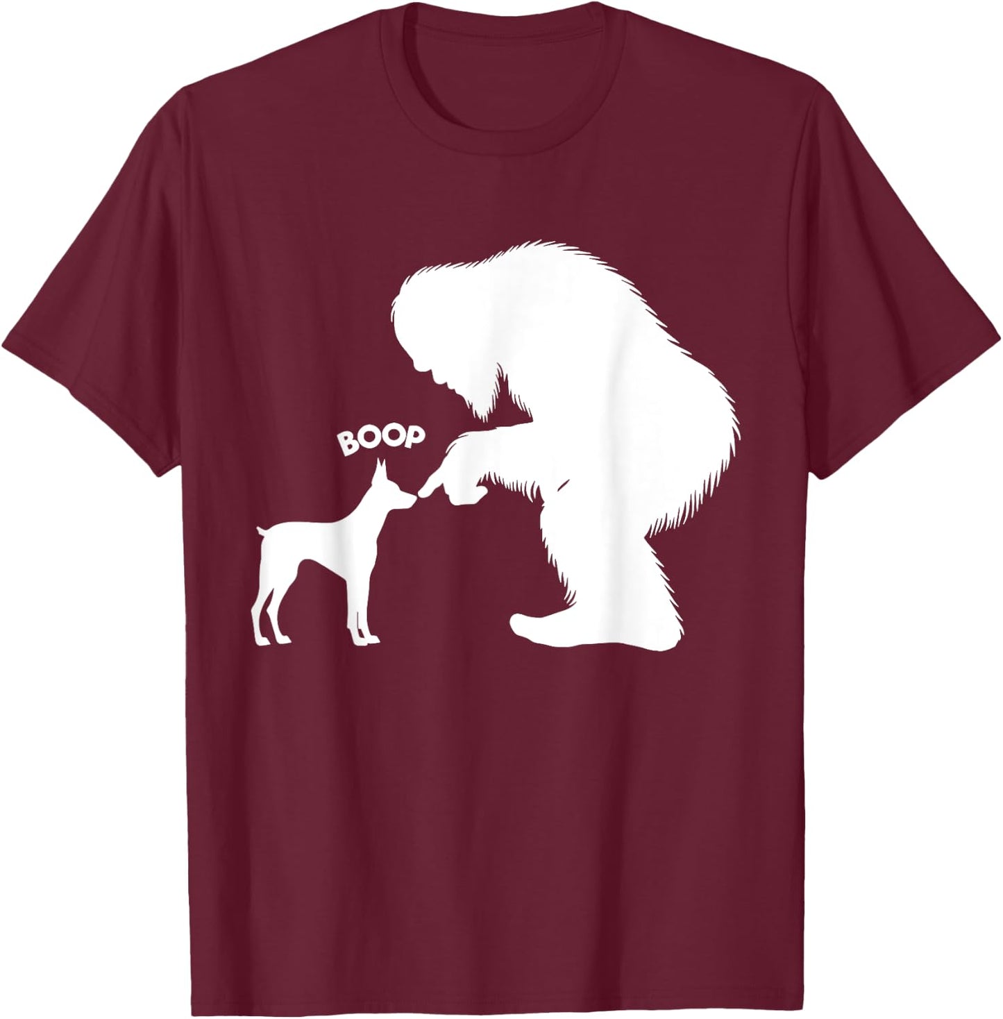 DesignDorks -Adults Funny Bigfoot Sasquatch Doberman Pinscher Boop Black Short Sleeve Classic Fit Cotton Blend T-Shirt - T-Shirt | Maroon