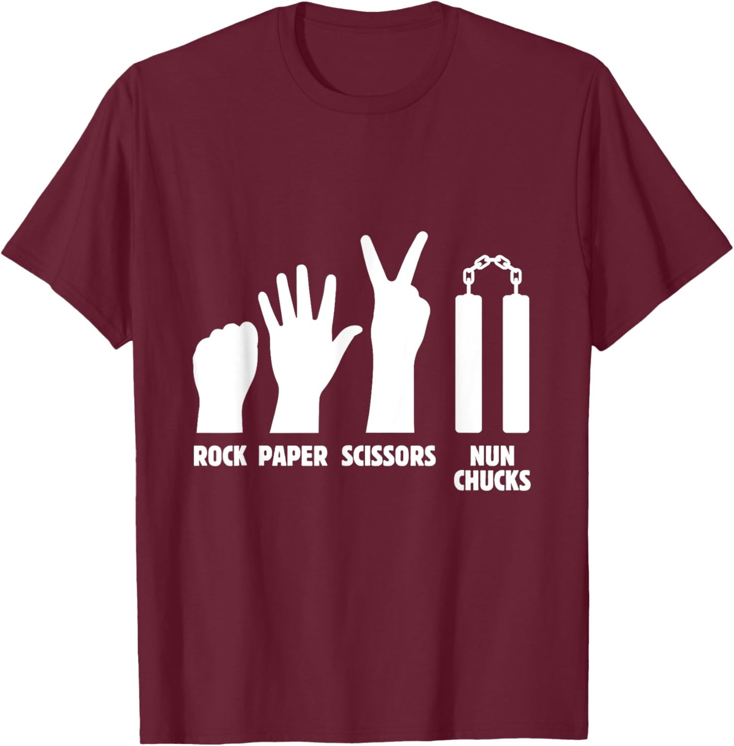 Rock Paper Scissors Nun Chucks | Martial Arts Weapon T-Shirt - T-Shirt | Maroon
