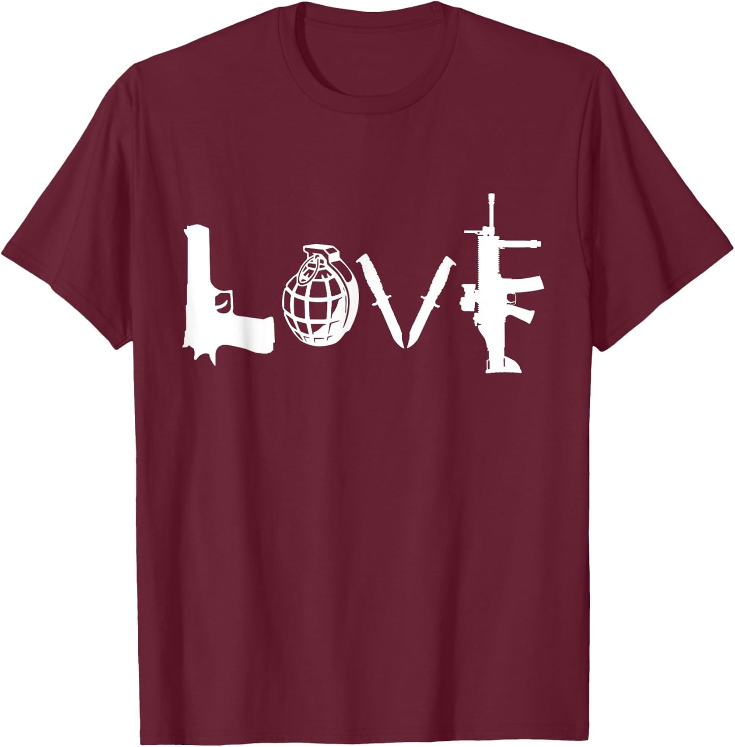 LOVE Weapons Guns Grenades Knives Assault Rifle guns t shirt T-Shirt - T-Shirt | Maroon