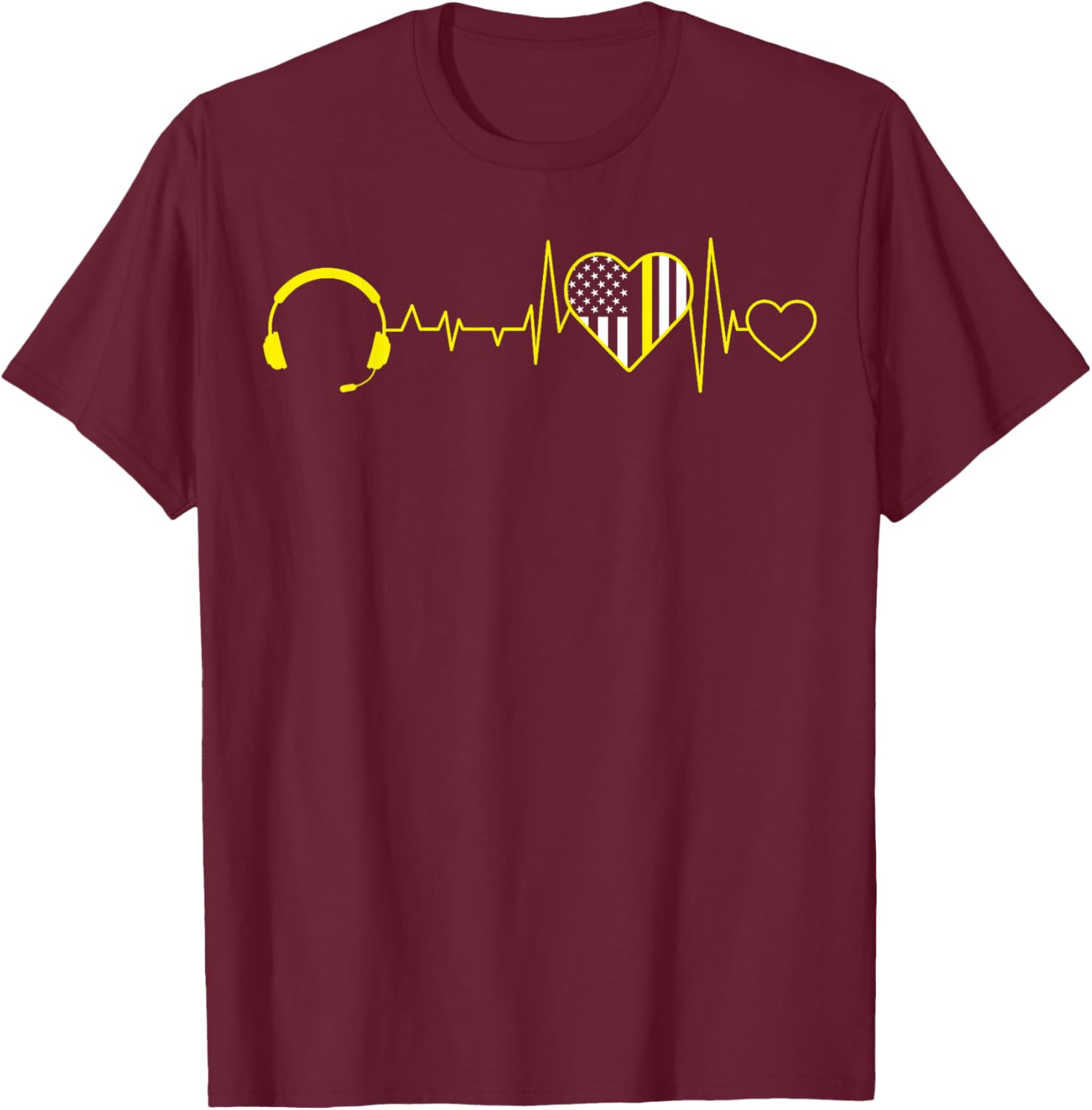 911 Dispatcher Operator EKG Heartbeat 4th of July USA Flag T-Shirt - T-Shirt | Maroon