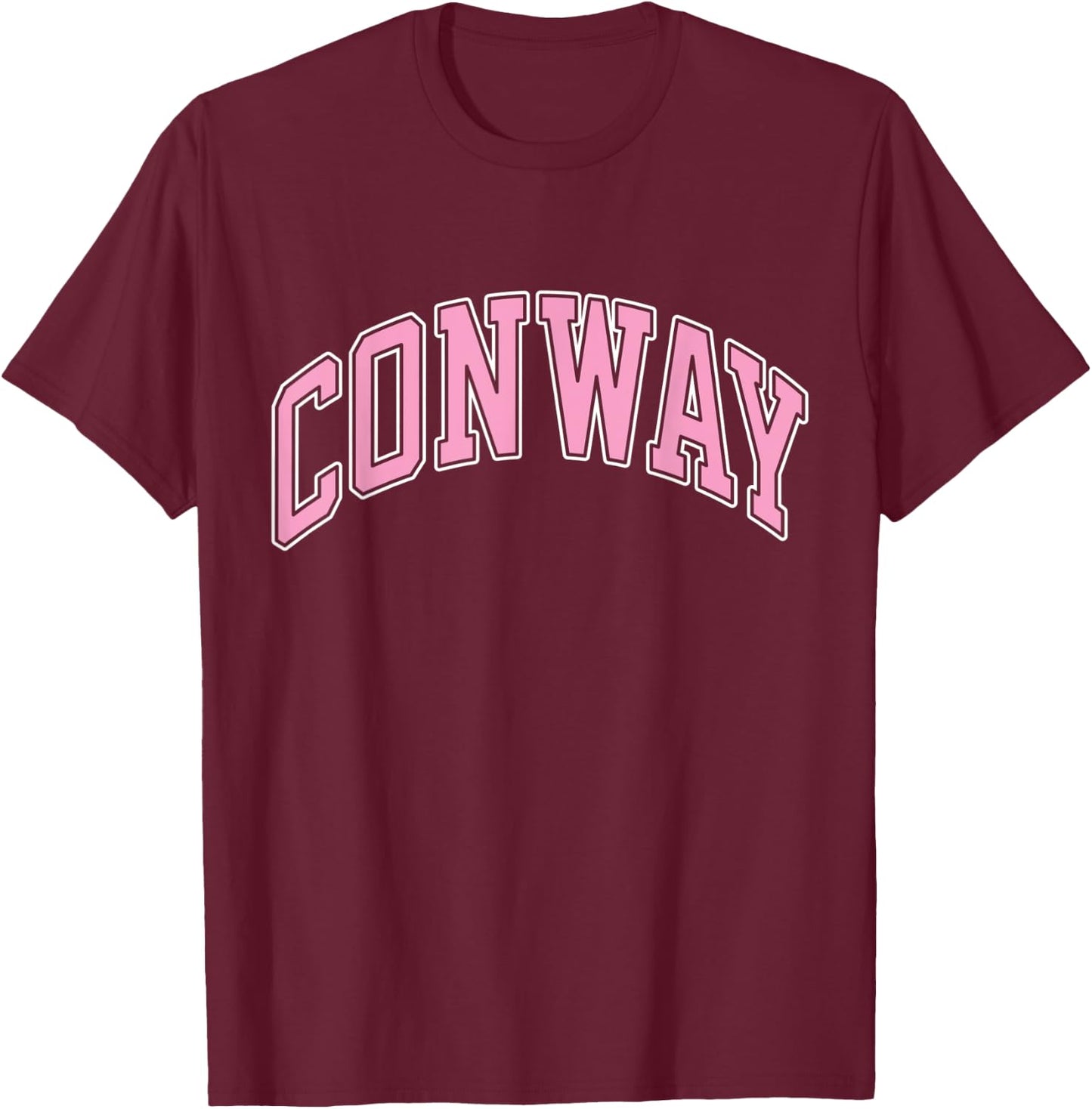 Conway Arkansas AR Varsity Style Pink Text T-Shirt - T-Shirt | Maroon