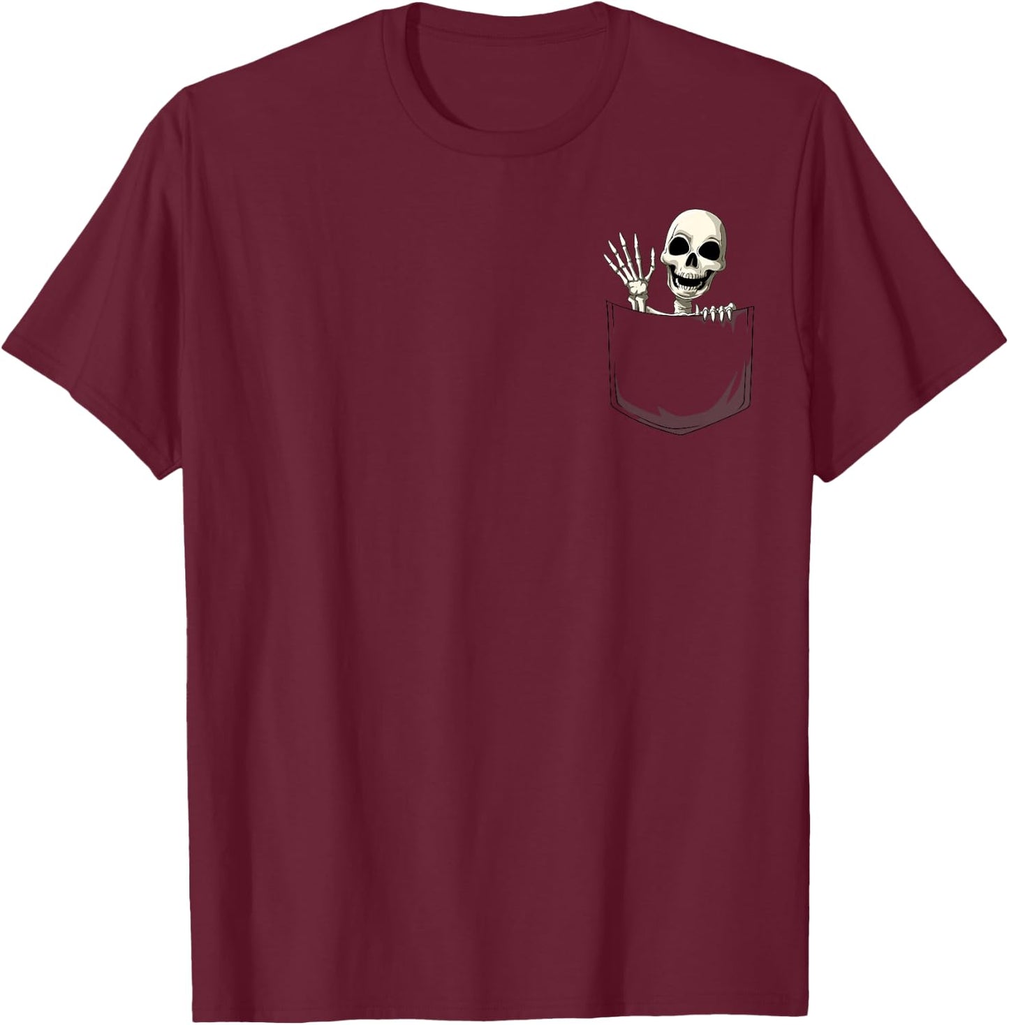 Skeleton Pocket Skeleton Peeking Out Pocket Halloween T-Shirt - T-Shirt | Maroon