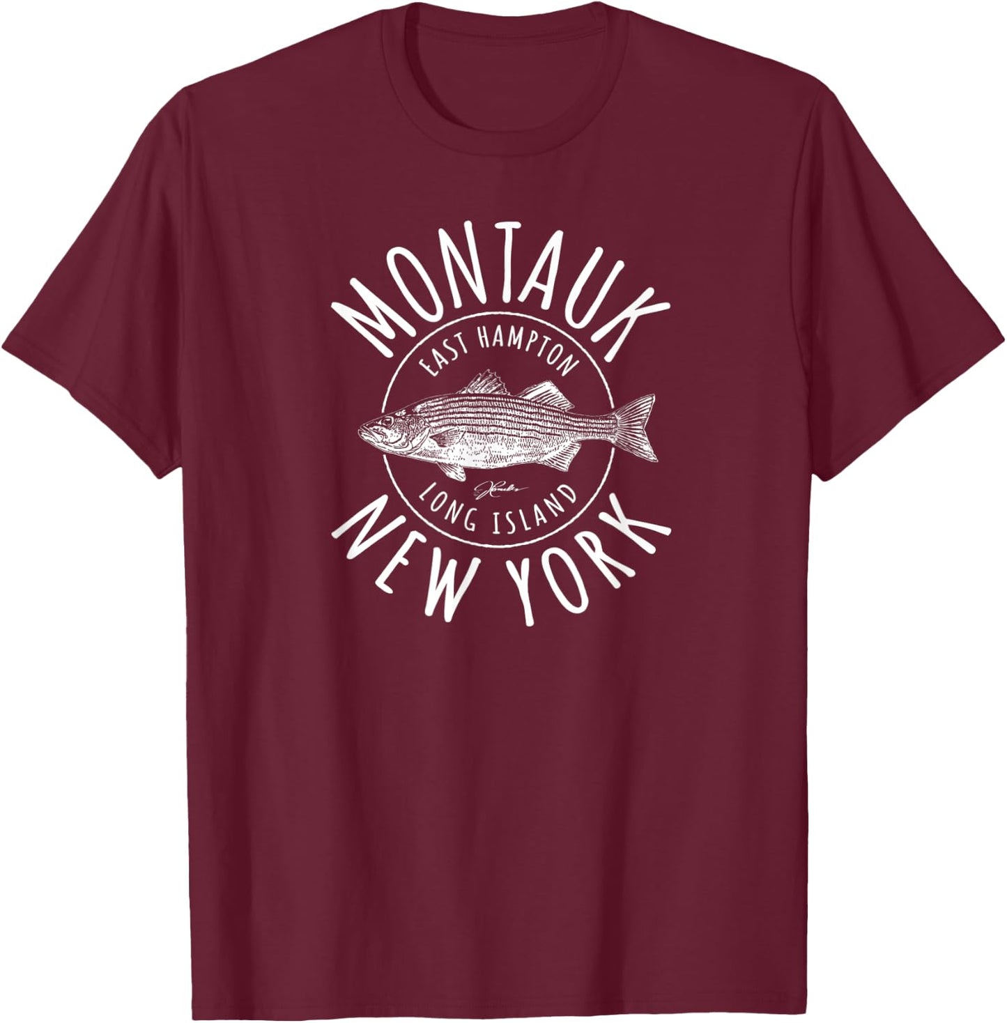 JCombs: Montauk, NY, Striped Bass T-Shirt - T-Shirt | Maroon