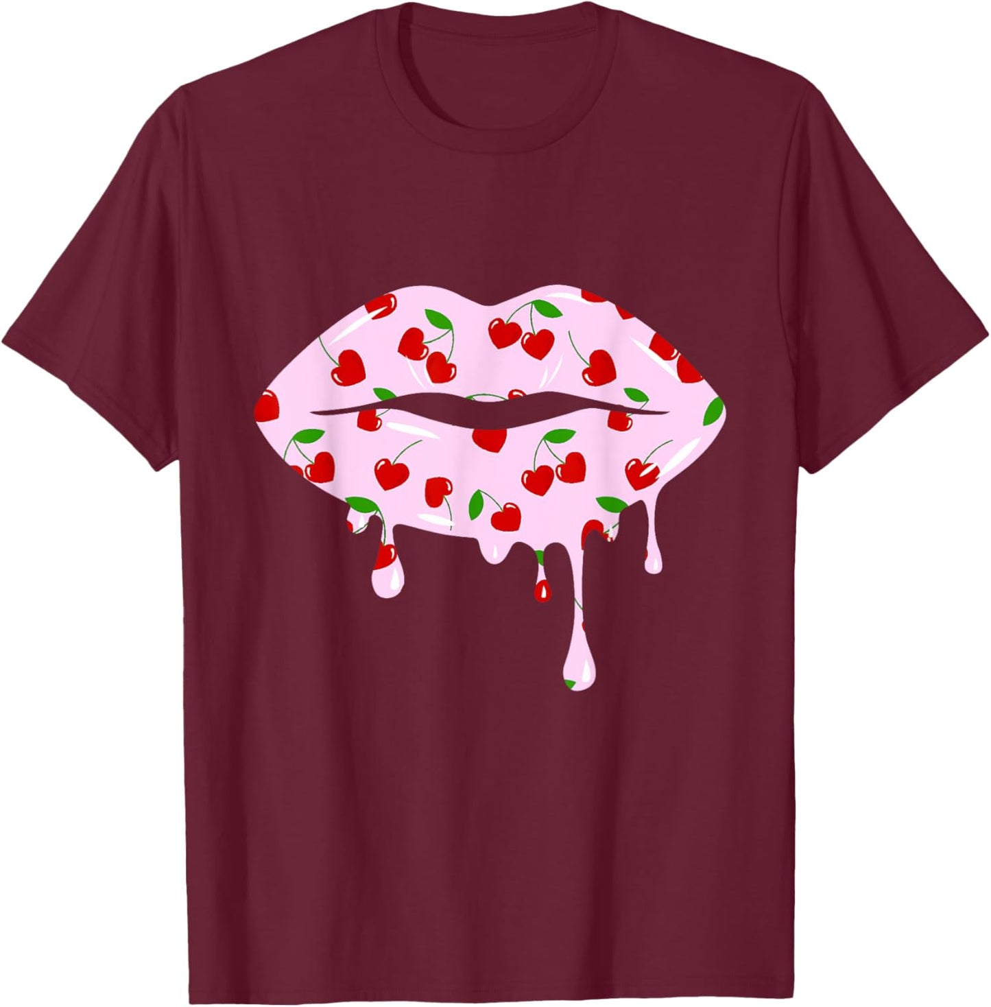 Cute Cherry Hearts Pink Dripping Lips Valentines Day T-Shirt - T-Shirt | Maroon