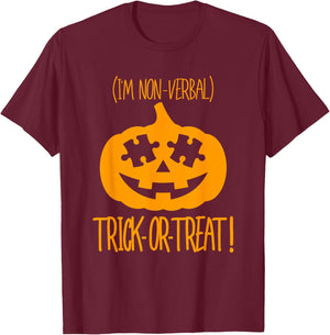 Trick or Treat Non-Verbal Halloween Pumpkin Autism Awareness T-Shirt - T-Shirt | Maroon