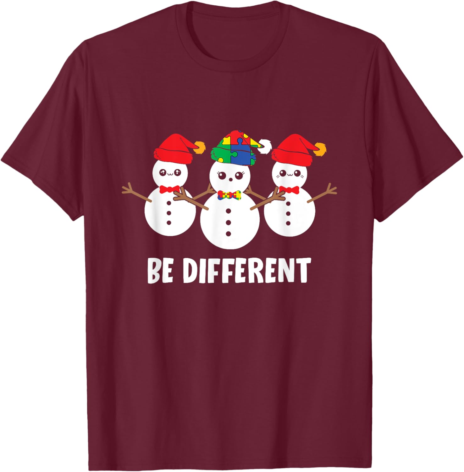 Be Different Christmas Autism Awareness Snowman Xmas Gift T-Shirt - T-Shirt | Maroon
