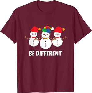 Be Different Christmas Autism Awareness Snowman Xmas Gift T-Shirt - T-Shirt | Maroon