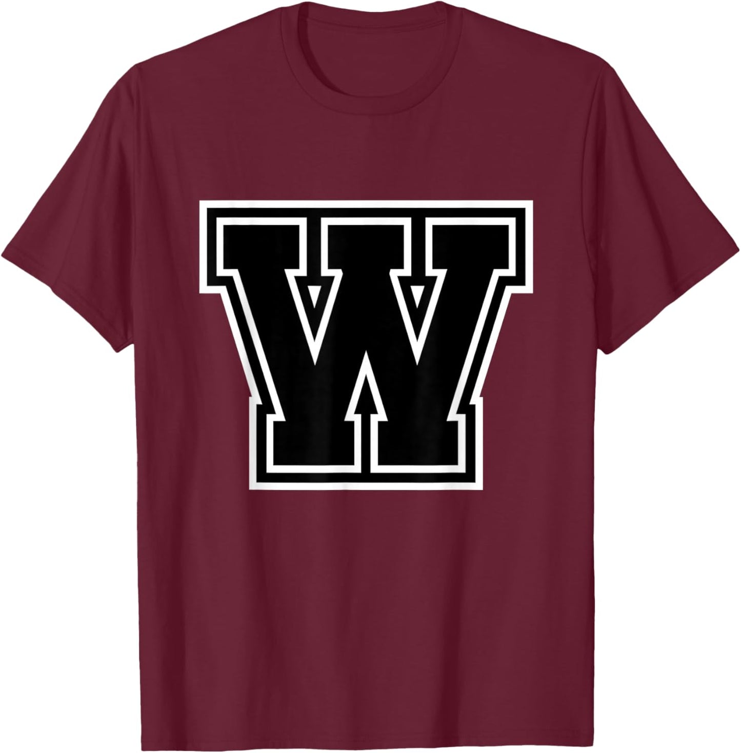 Letter W Black Monogram Initial T-Shirt - T-Shirt | Maroon