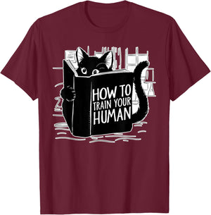 Cat Reading How to Train Your Human Funny T-Shirt - T-Shirt | Maroon