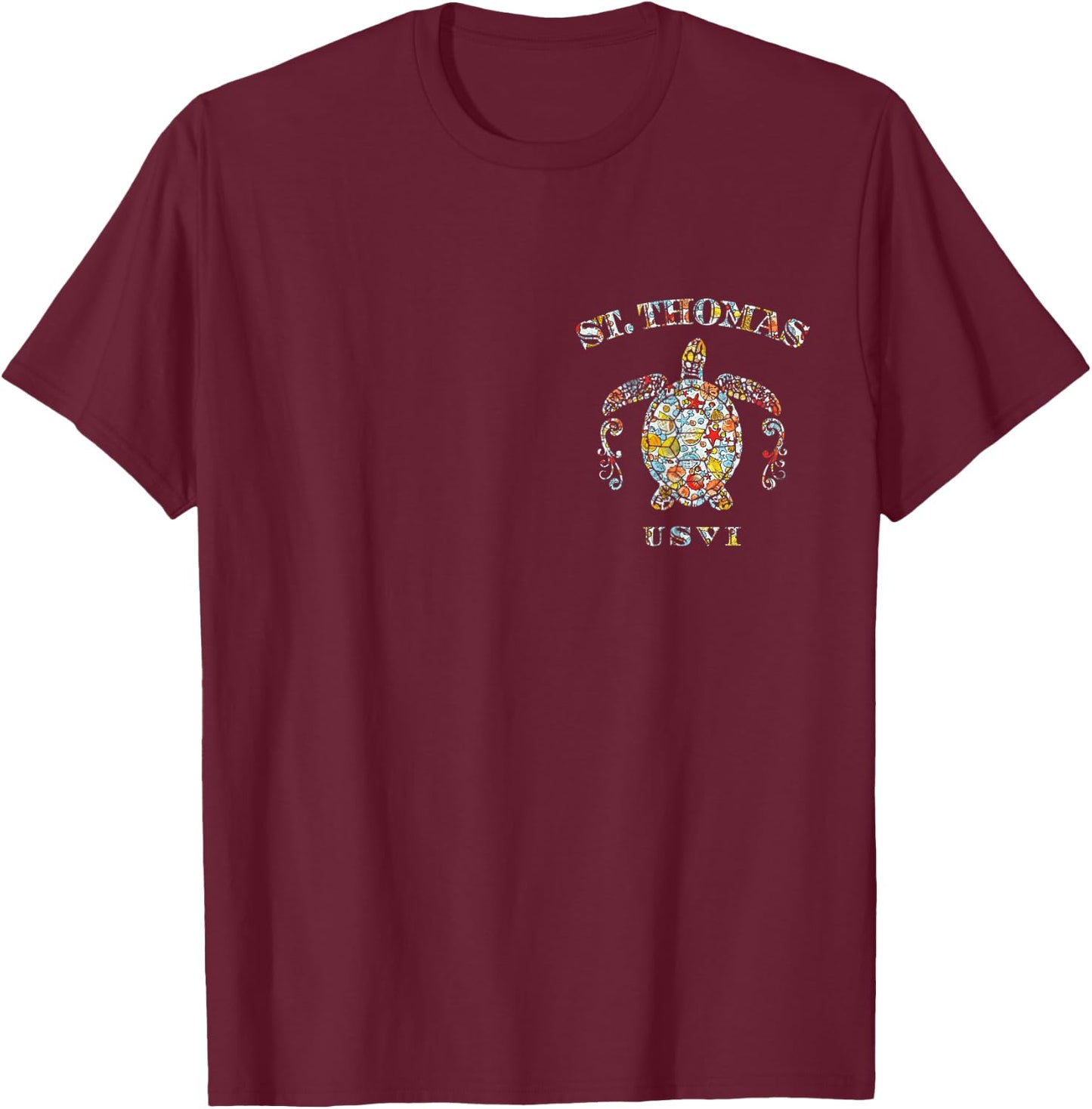 JCombs: St. Thomas, USVI, Sea Turtle w/ Seashells (2-Sided) T-Shirt - T-Shirt | Maroon