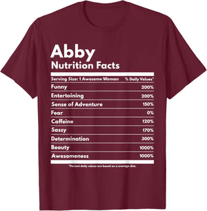 Abby Nutrition Facts Gift Funny Personalized Name Abby T-Shirt - T-Shirt | Maroon