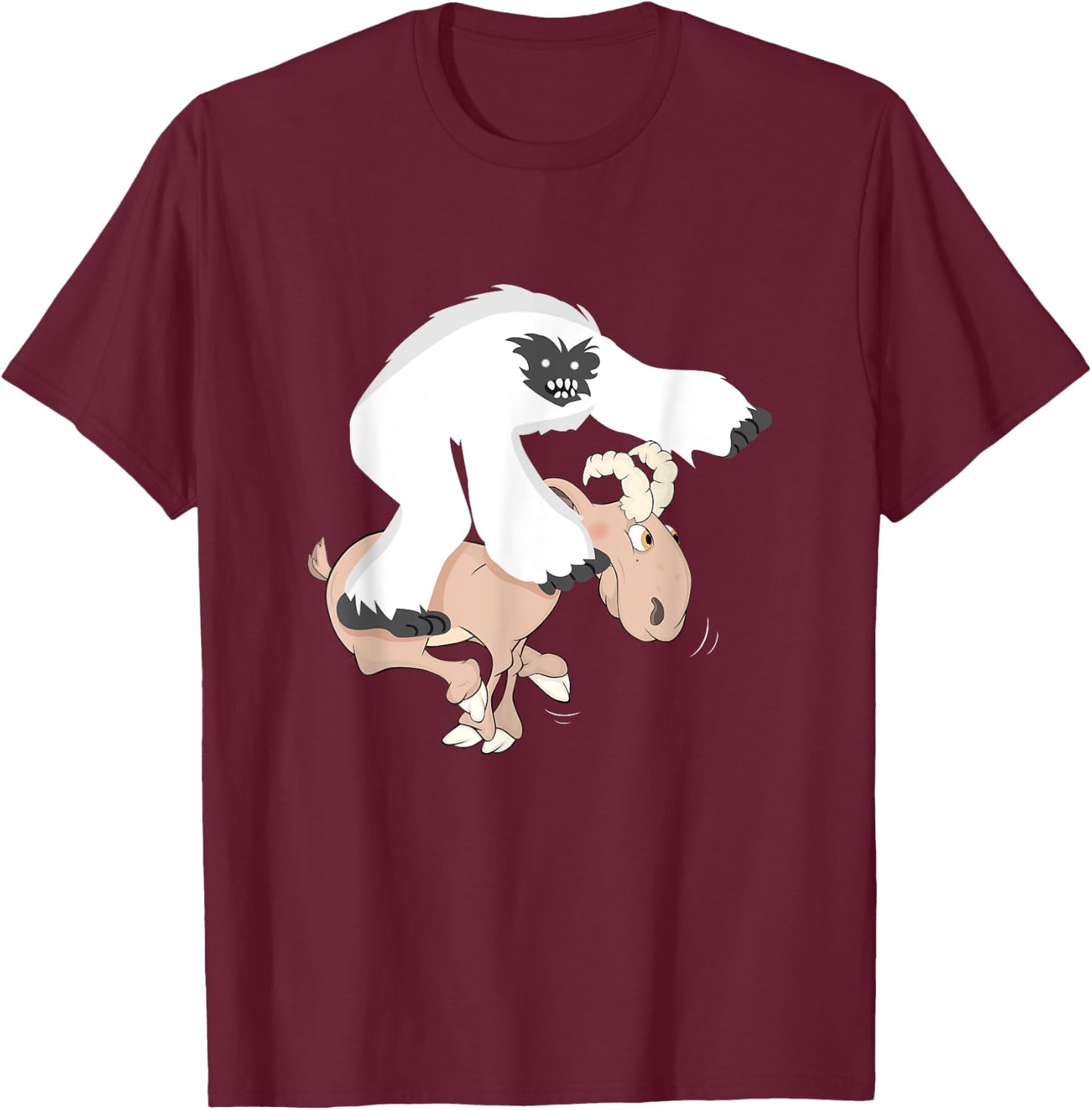 Funny Baby Yeti Riding Goat Cartoon Bigfoot Play Junior Goat T-Shirt - T-Shirt | Maroon