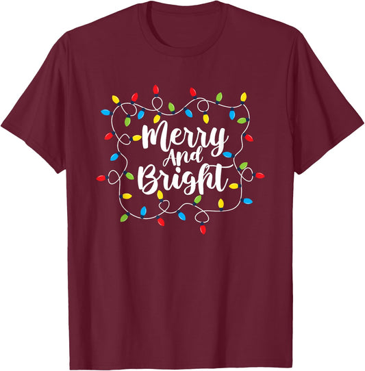 Merry And Bright Santa Christmas Xmas Lights Pajamas Holiday T-Shirt - T-Shirt | Maroon