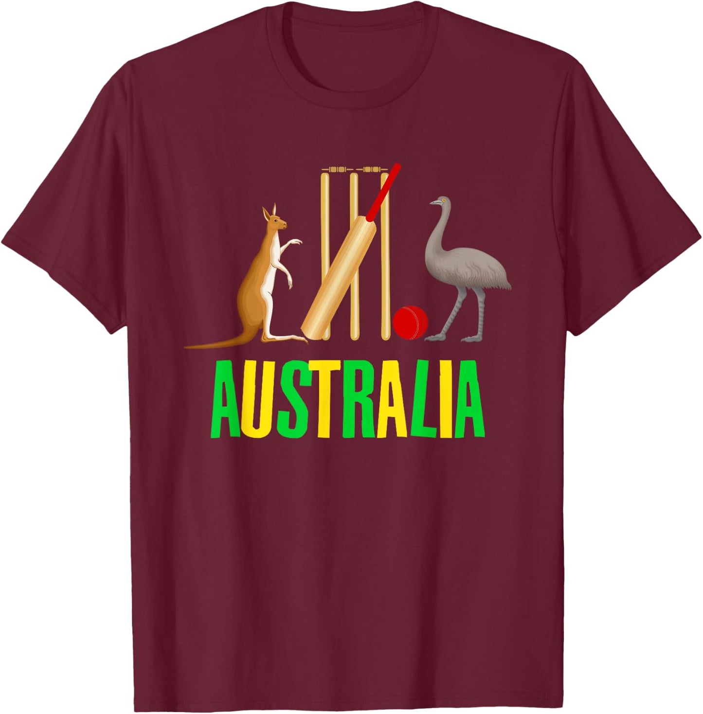 Australian Cricket Symbol Kangaroo Emu Graphic Funny T-Shirt - T-Shirt | Maroon