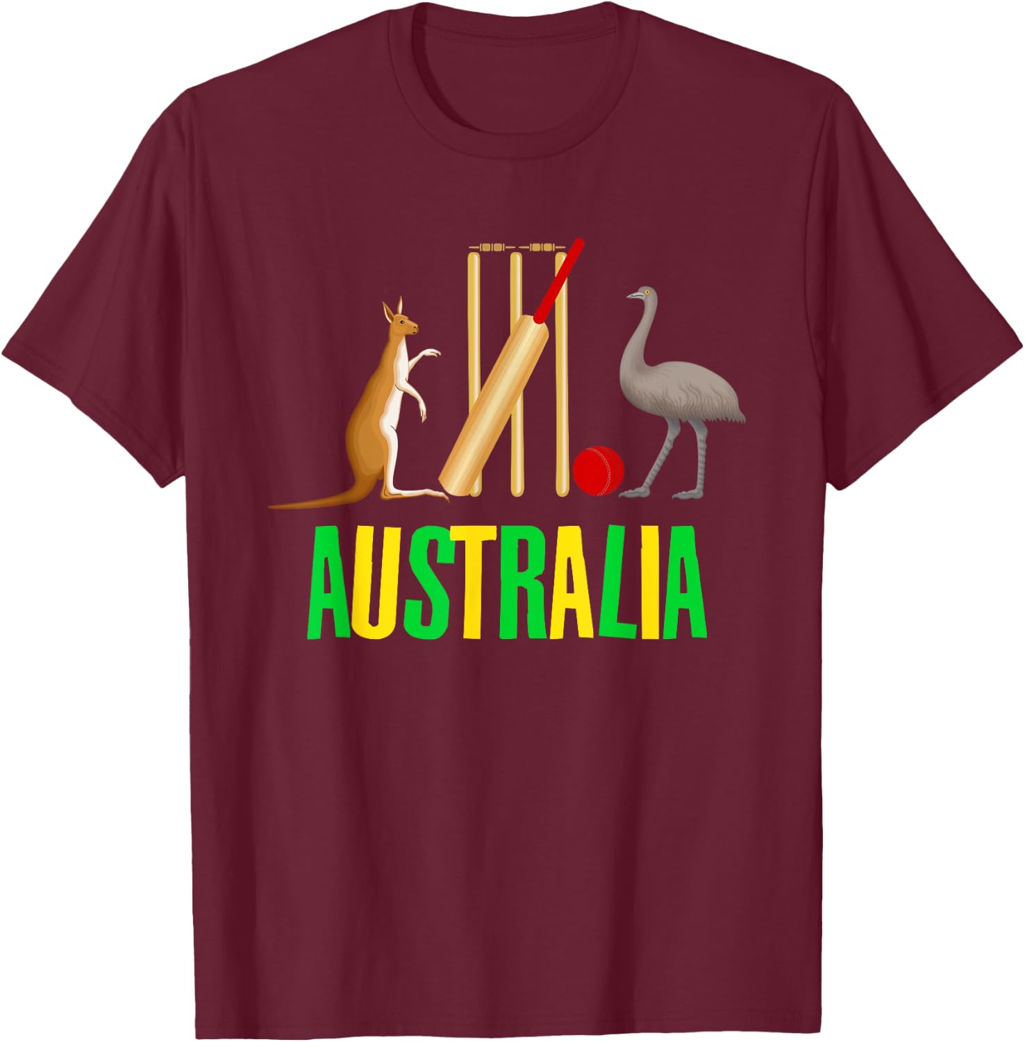 Australian Cricket Symbol Kangaroo Emu Graphic Funny T-Shirt - T-Shirt | Maroon