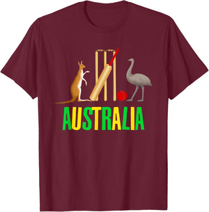 Australian Cricket Symbol Kangaroo Emu Graphic Funny T-Shirt - T-Shirt | Maroon