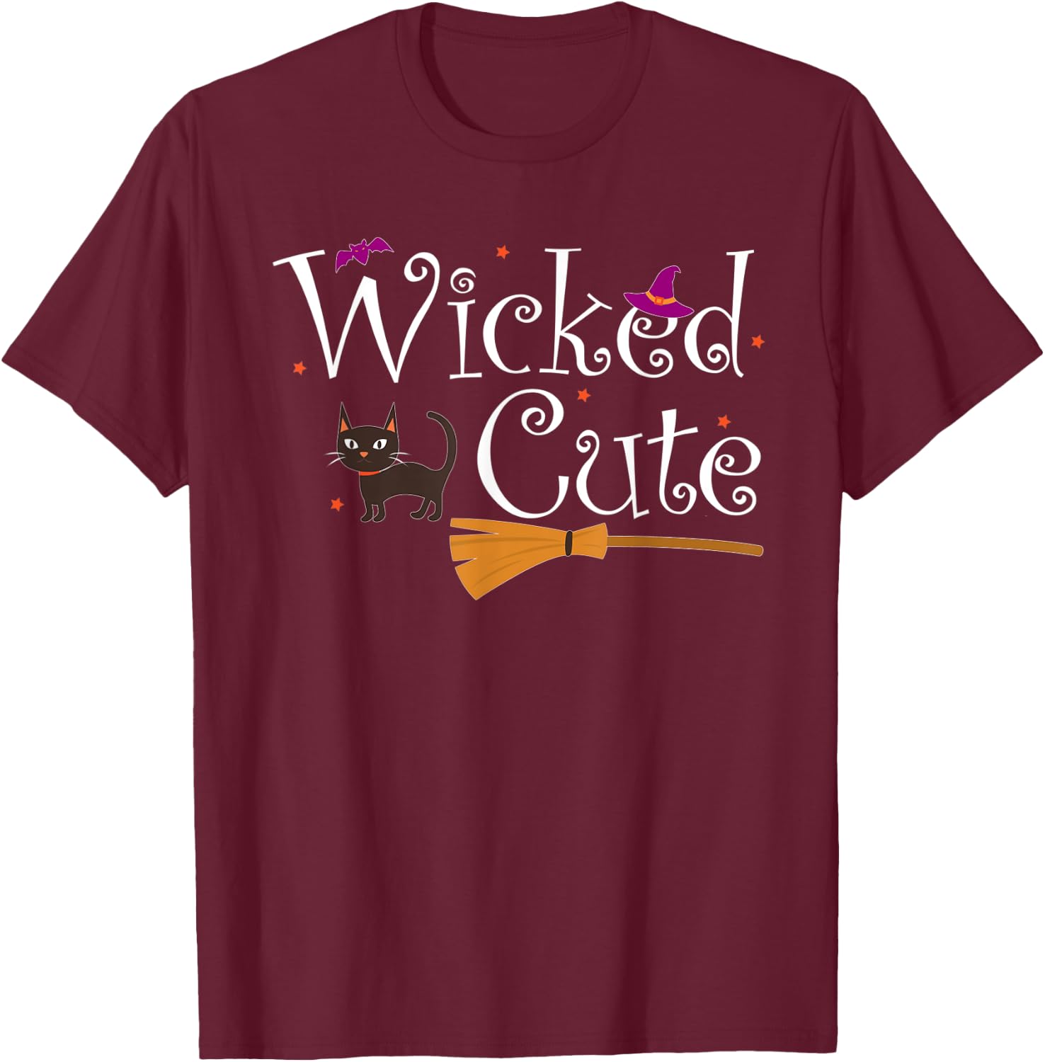 Wicked Cute Witch Halloween Costume Cat Broom Hat Gift Women Kids T-Shirt - T-Shirt | Maroon