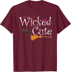 Wicked Cute Witch Halloween Costume Cat Broom Hat Gift Women Kids T-Shirt - T-Shirt | Maroon