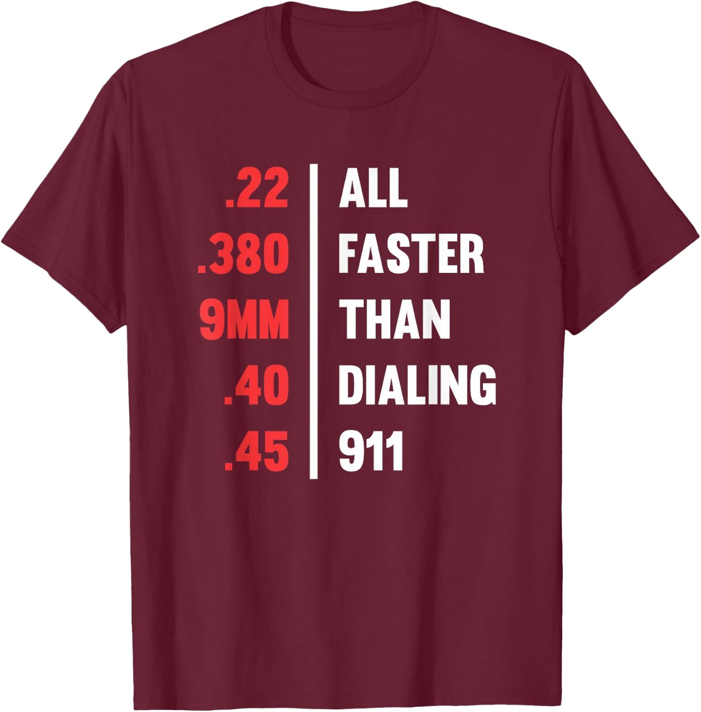 Bullets All Faster Than Dialing 911 .22 .380 9mm .45 T-Shirt - T-Shirt | Maroon