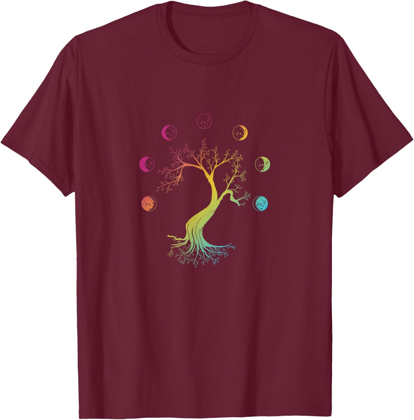 Multicolored Moon-phases Tree Moon-phases Peace T-Shirt - T-Shirt | Maroon