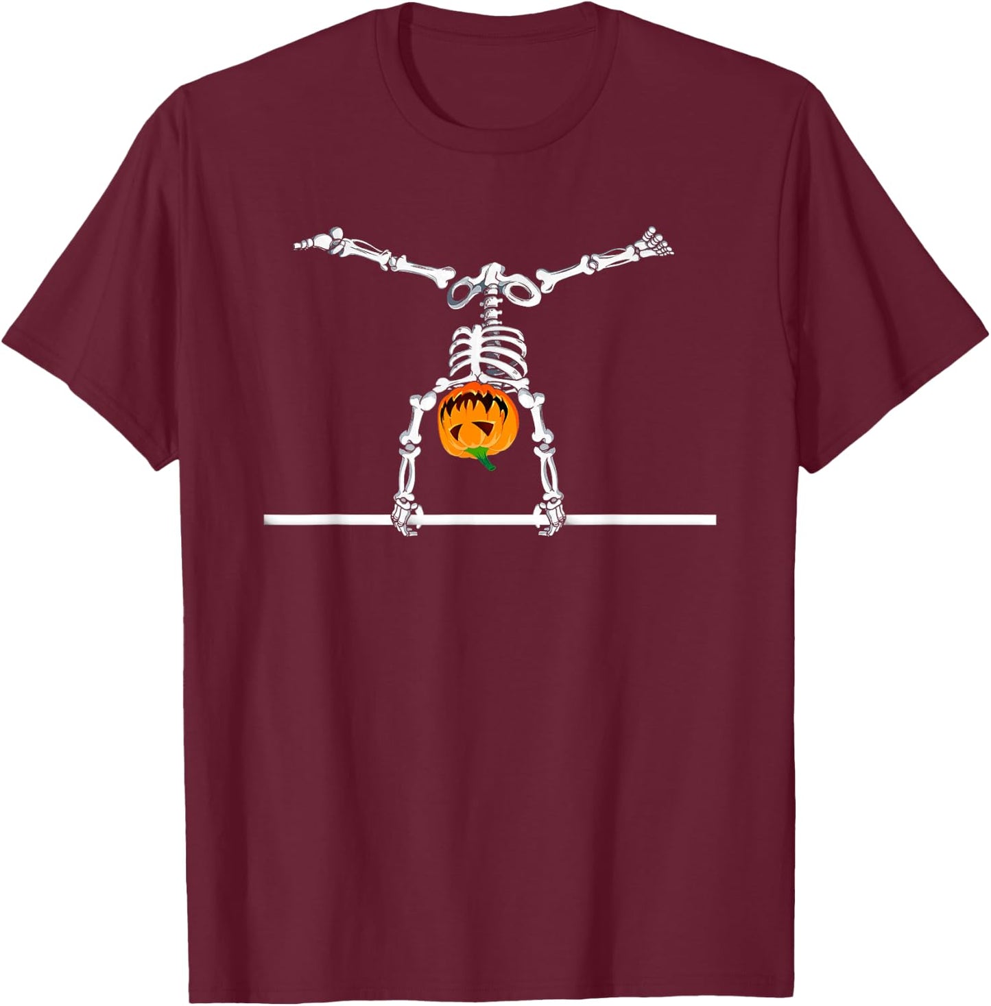 Skeleton Gymnastics Halloween Pumpkin Horizontal Bar T-Shirt - T-Shirt | Maroon