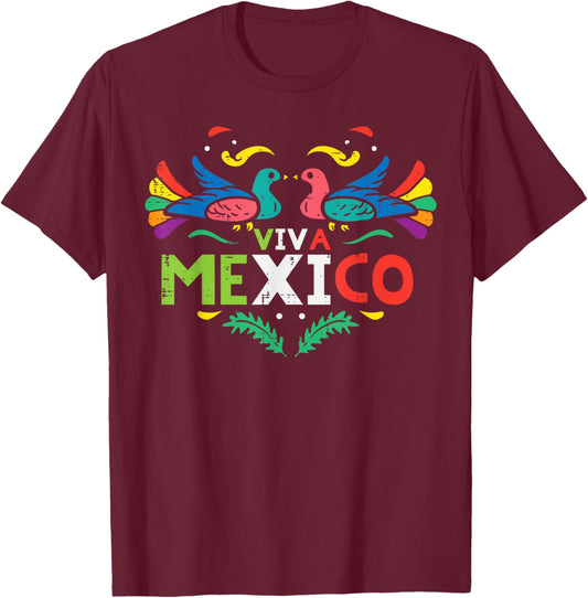 Viva Mexico Otomi Bird Mexican Independence Girls Kids Women T-Shirt - T-Shirt | Maroon