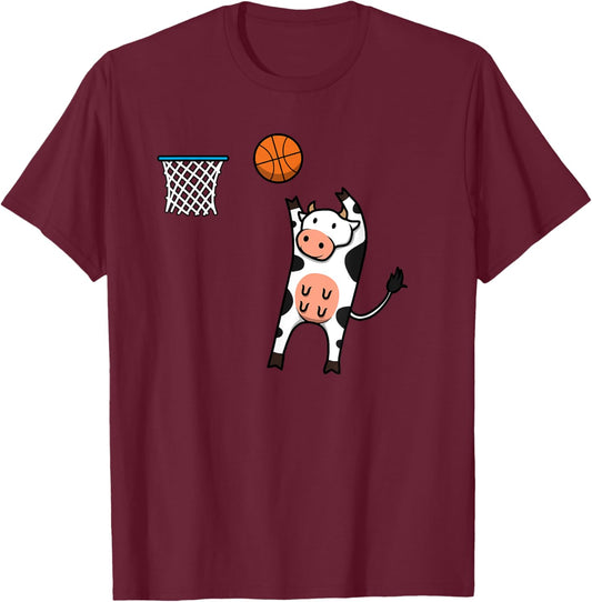 Basketball Cow Cute Farm Animal Ball Sports T-Shirt - T-Shirt | Maroon