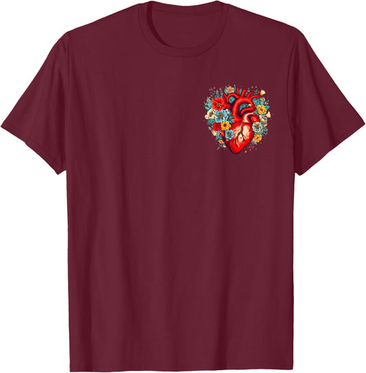 Floral Anatomical Heart for Nurses and Healthcare Workers T-Shirt - T-Shirt | Maroon