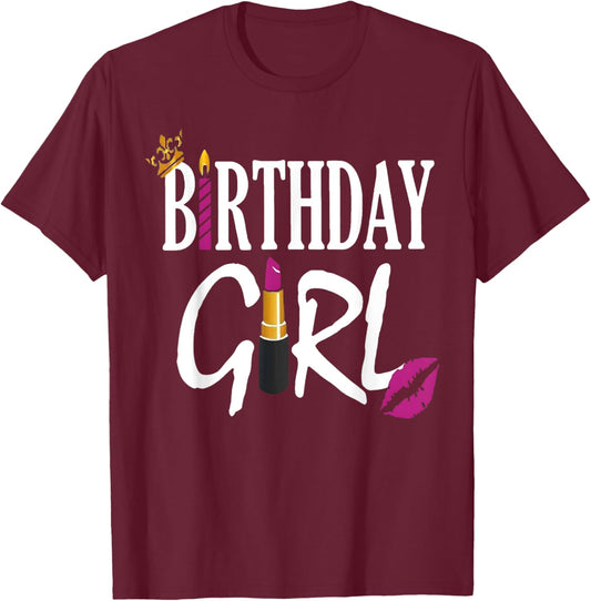 Happy Birthday Girl Lipstick Cute My Day Women Bday Girl T-Shirt - T-Shirt | Maroon