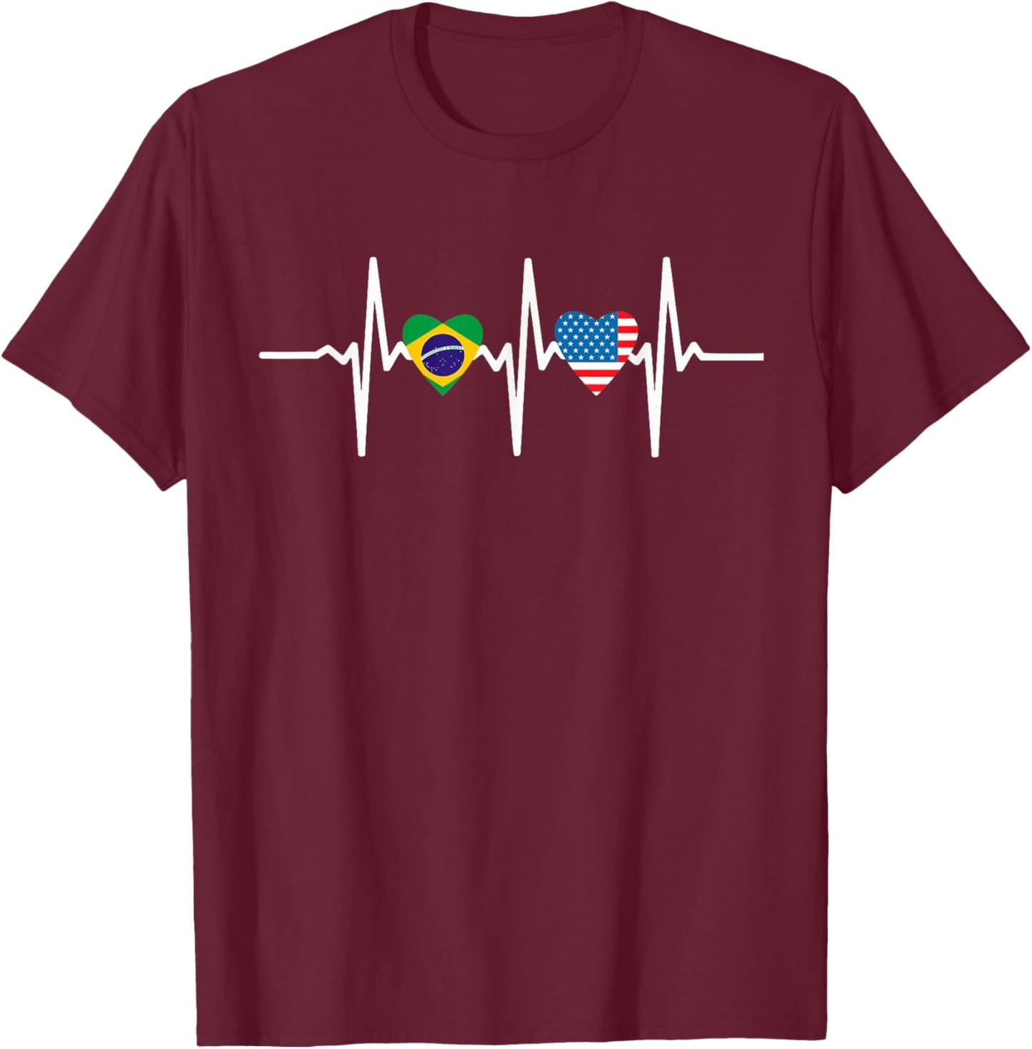 Half American Brazilian America Brazil Flag Heartbeat Heart T-Shirt - T-Shirt | Maroon
