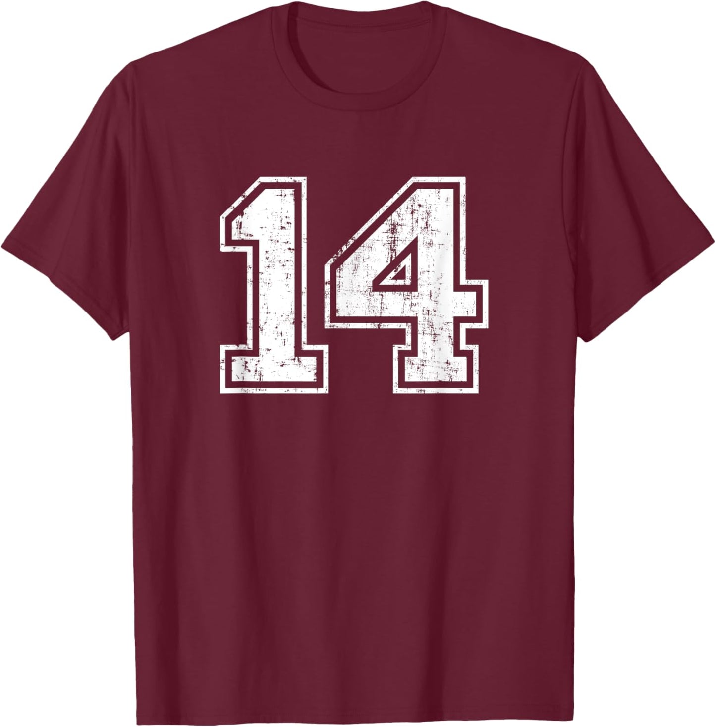 Number 14 Fourteen Distressed Vintage Sports Team Training T-Shirt - T-Shirt | Maroon