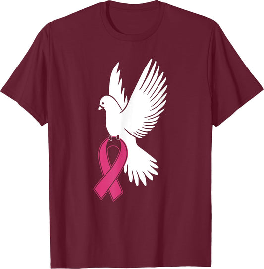 White Dove Carrying Breast Cancer Awareness Pink Ribbon T-Shirt - T-Shirt | Maroon