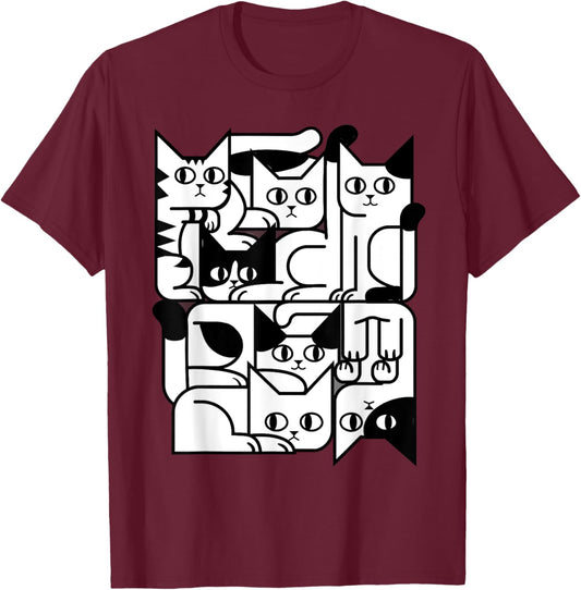 Feline Animal Friends Apparel for Cat Enthusiasts Geometric Cat Silhouette Abstract Kitten Classic Cute Cat , Small, Black T-Shirt - T-Shirt | Maroon