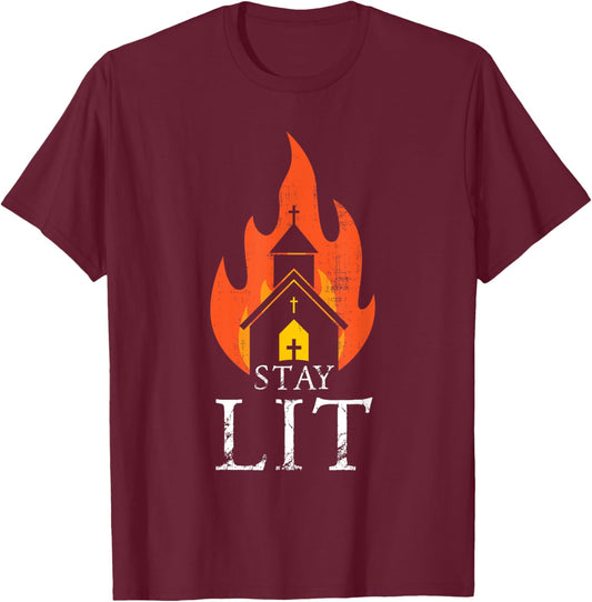 Stay lit Occult Burning Church - Unholy Antichrist Halloween T-Shirt - T-Shirt | Maroon