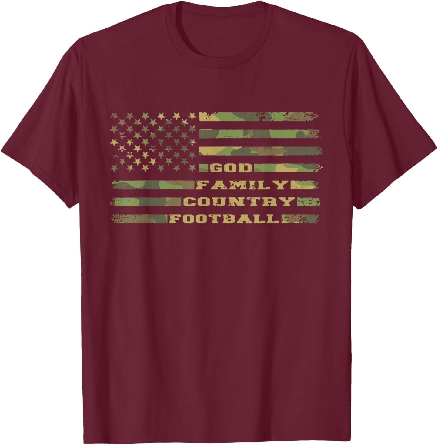 God Family Country Football Vintage Camouflage American Flag T-Shirt - T-Shirt | Maroon