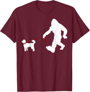 Funny Bigfoot Walking With Poodle Dog Gifts T-Shirt - T-Shirt | Maroon