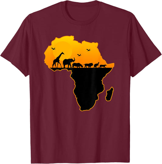 Exotic Safari Animals Silhouette Sizzling Africa Continent T-Shirt - T-Shirt | Maroon