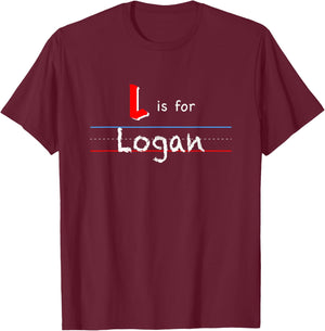 L Is For Logan, boys custom personalized name kids school T-Shirt - T-Shirt | Maroon