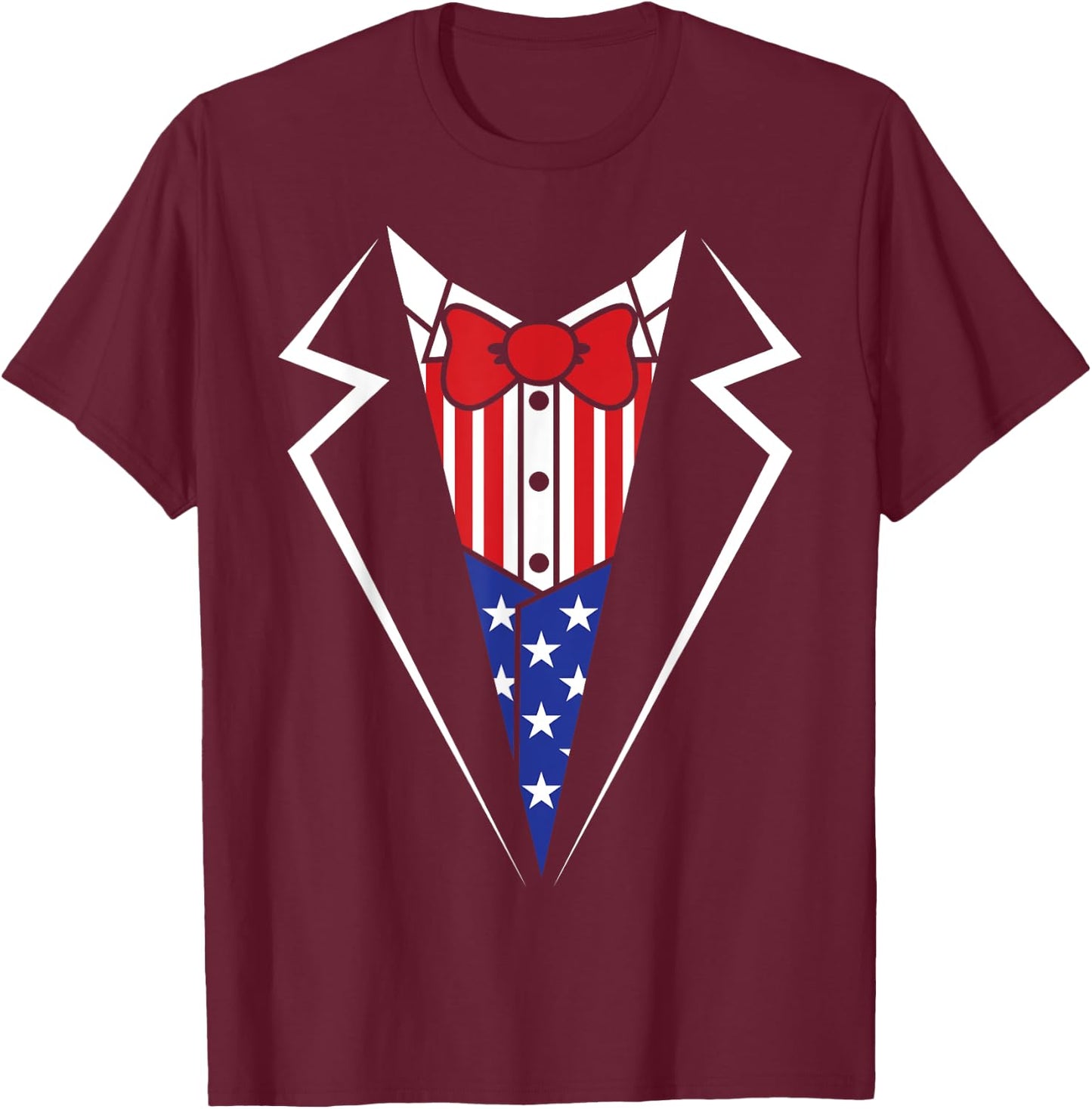 American Flag Tuxedo Bow Tie 4th of July USA Merica Gift T-Shirt - T-Shirt | Maroon
