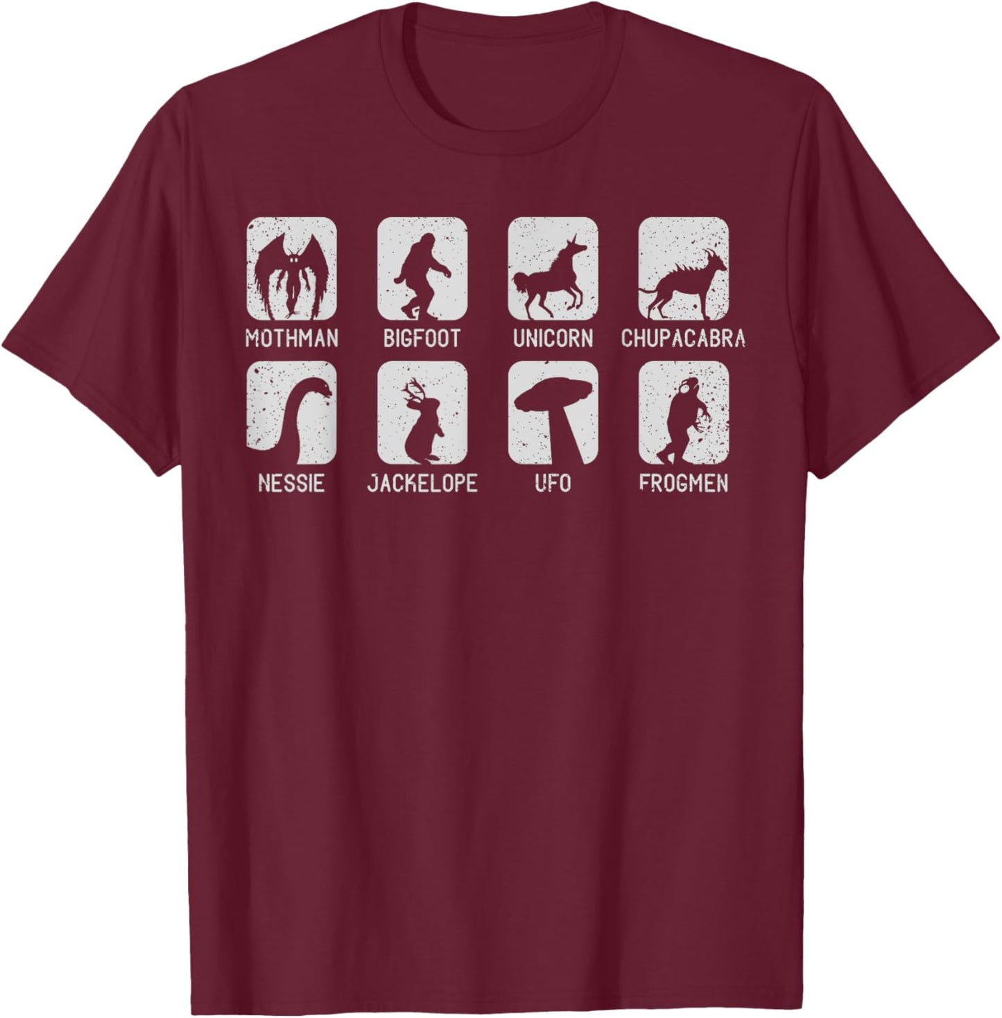Cryptozoology Cryptid Creatures 8 Mythical Creatures T-Shirt - T-Shirt | Maroon
