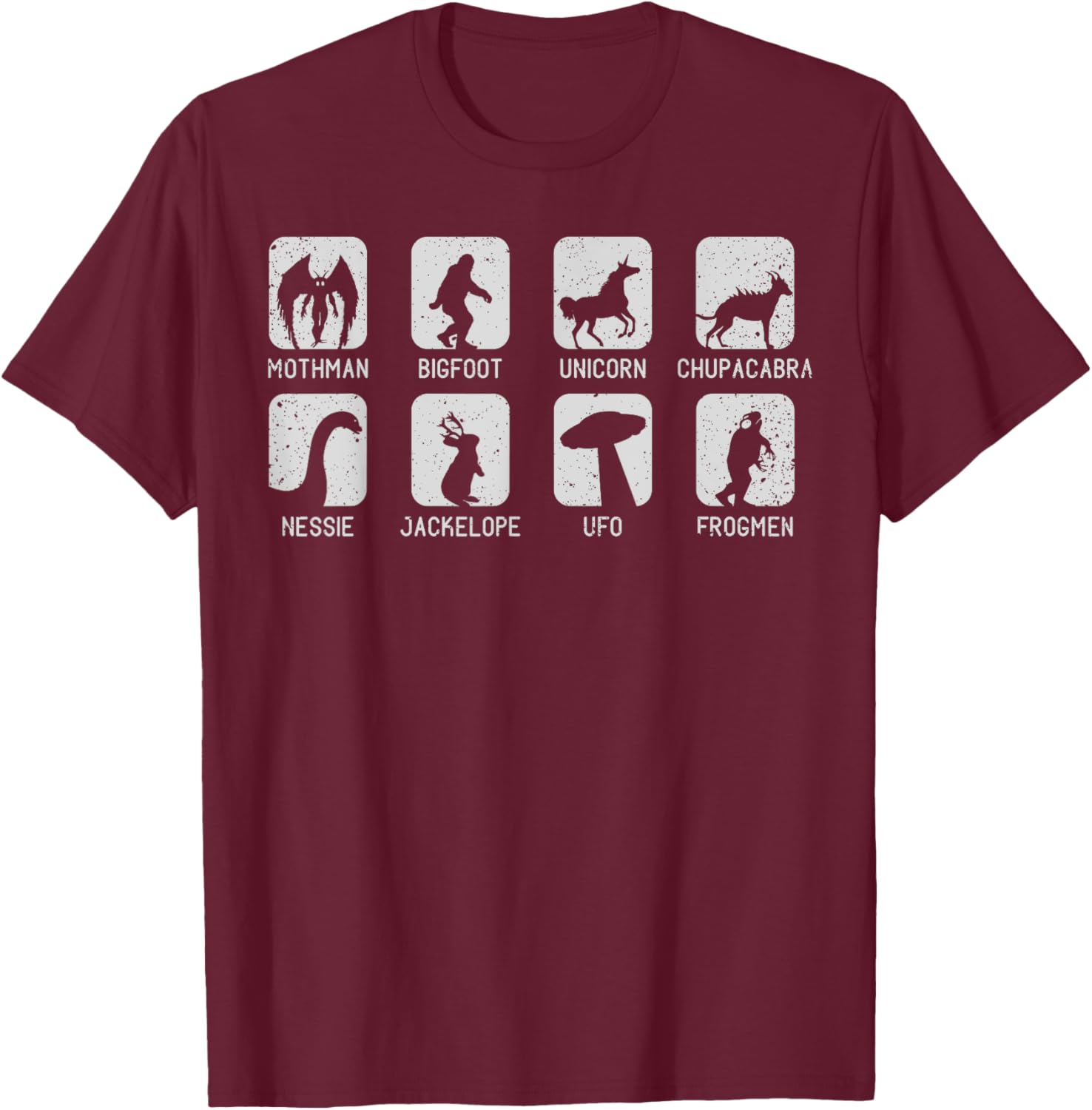 Cryptozoology Cryptid Creatures 8 Mythical Creatures T-Shirt - T-Shirt | Maroon