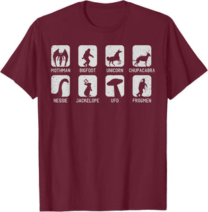 Cryptozoology Cryptid Creatures 8 Mythical Creatures T-Shirt - T-Shirt | Maroon