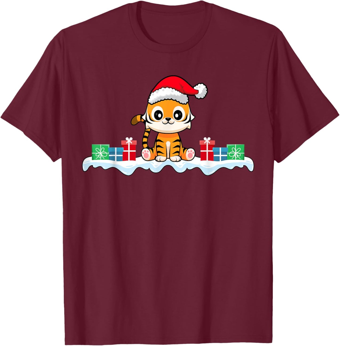 Kawaii Tiger Wearing Santa Hat Xmas Tiger Lover Christmas T-Shirt - T-Shirt | Maroon