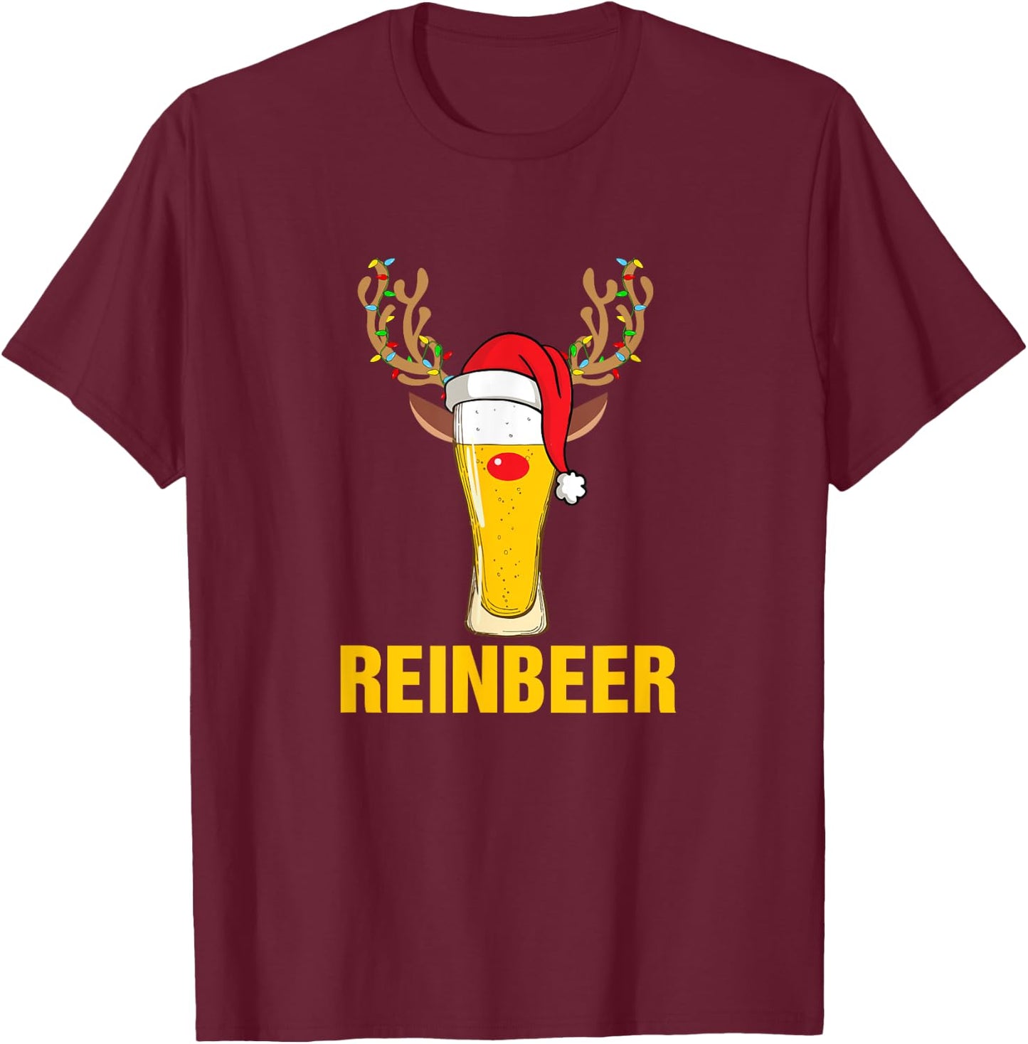 Reinbeer Santa Claus Reindeer Beer Funny Christmas Drinking T-Shirt - T-Shirt | Maroon