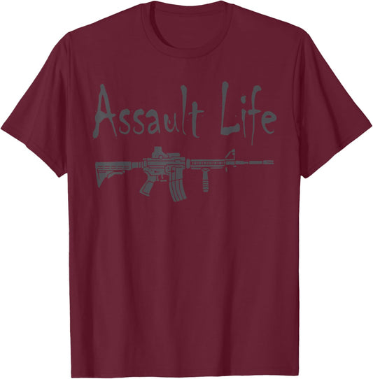 Assault Life Funny Cool Gun Shooting Range Statement Graphic T-Shirt - T-Shirt | Maroon