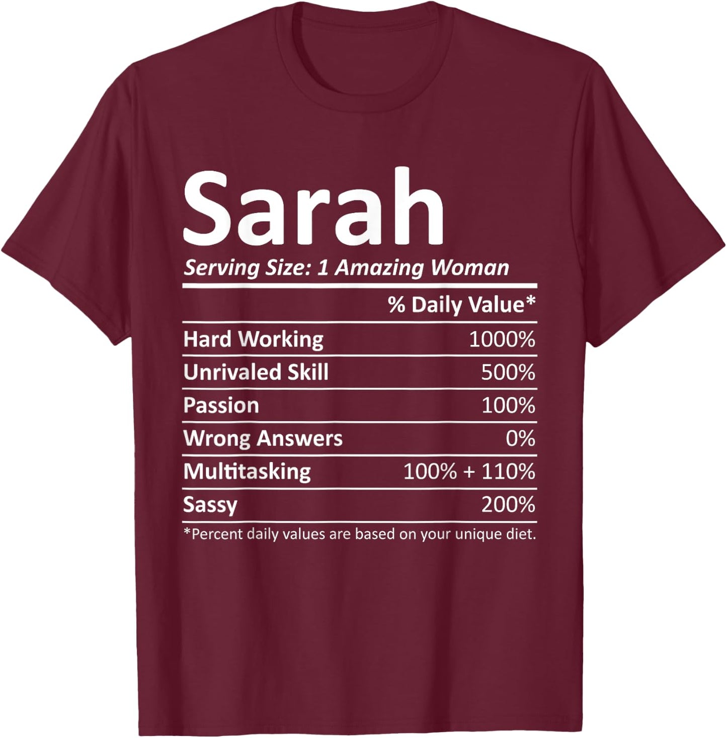 SARAH Nutrition Personalized Name Funny Christmas Gift T-Shirt - T-Shirt | Maroon