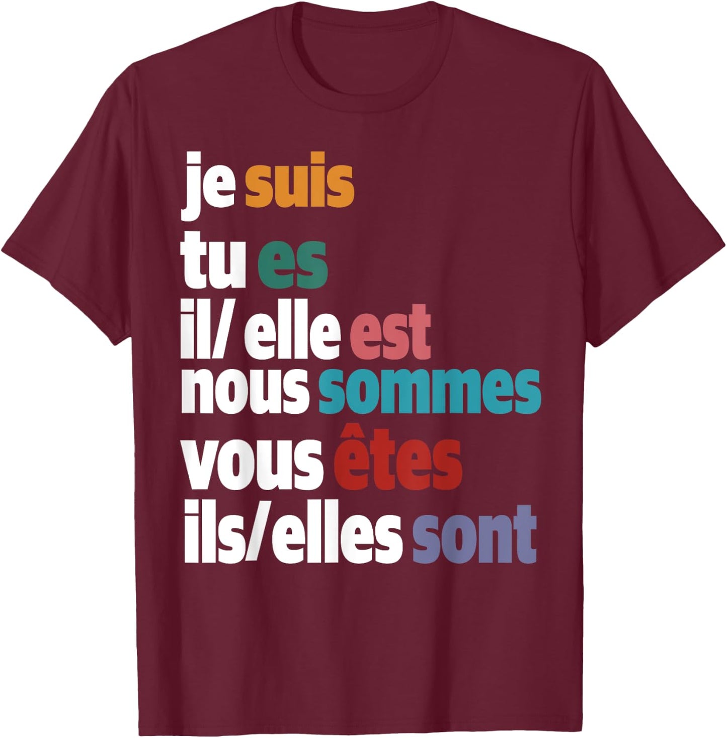 Jesuis Tu Es Il Elle Est Nous Sommes Vous Etes Ils Elles Son T-Shirt - T-Shirt | Maroon